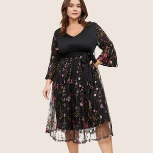 BloomChic Plus Size 2XL Floral Embroidered Mesh Patchwork Bell Sleeve Dress